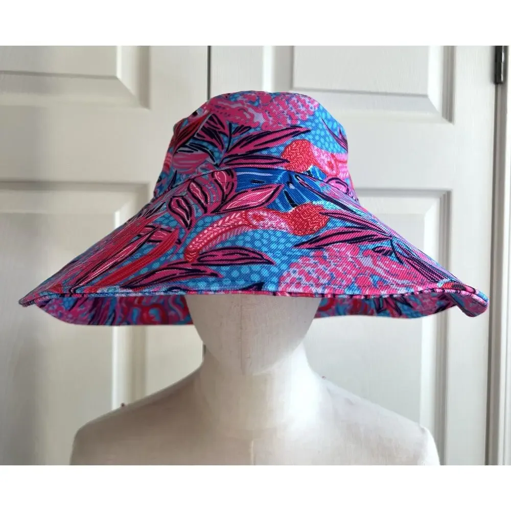 LILY PULITZER Ruby Red Wild Times Tropical Wide Brim Beach Vacation Sun Hat OS